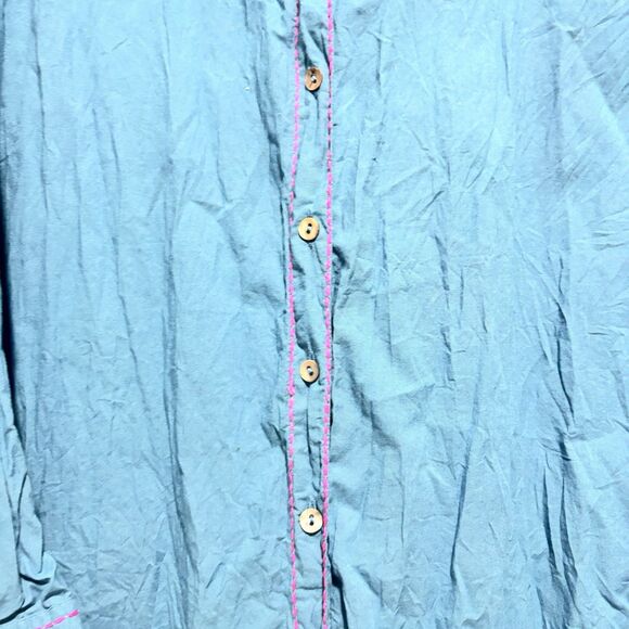 Natural Life 100% Cotton Blue Button Up Shirt Dress Gray Star Elbows L/XL - Picture 6 of 7